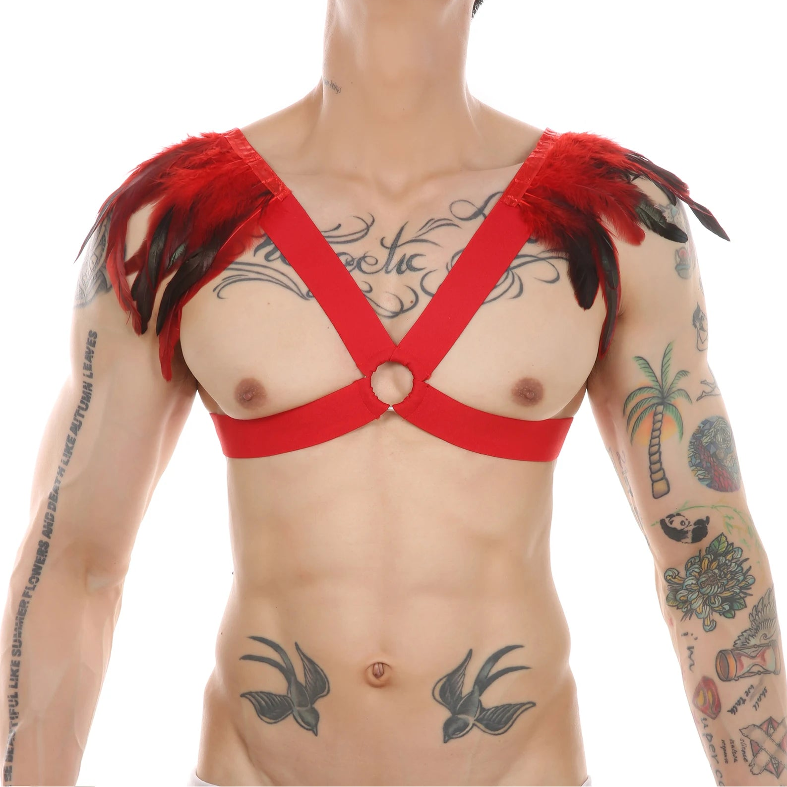 a sexy man in red Men’s Fallen Diva Feather Epaulet Harness – pridevoyageshop.com – gay men’s harness, lingerie and fetish wear