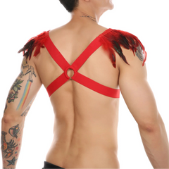 a sexy man in red Men’s Fallen Diva Feather Epaulet Harness – pridevoyageshop.com – gay men’s harness, lingerie and fetish wear