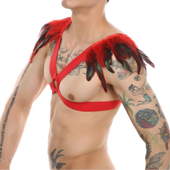 a sexy man in red Men’s Fallen Diva Feather Epaulet Harness – pridevoyageshop.com – gay men’s harness, lingerie and fetish wear