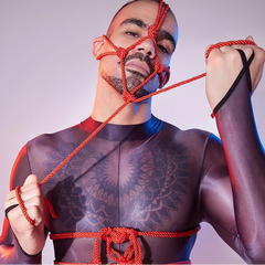 a sexy man in red Men’s Kinbaku Head Harness – pridevoyageshop.com – gay men’s harness, lingerie and fetish wear