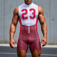 a sexy man in red Men’s Legacy 23 Varsity Zip Bodysuit – pridevoyageshop.com – gay men’s harness, lingerie and fetish wear