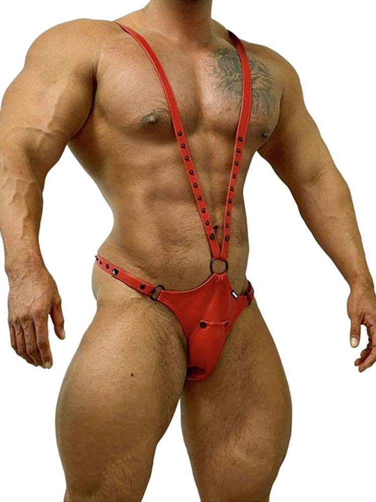 a sexy man in red Men’s Lockdown Suspender Jock Singlet – pridevoyageshop.com – gay men’s harness, lingerie and fetish wear