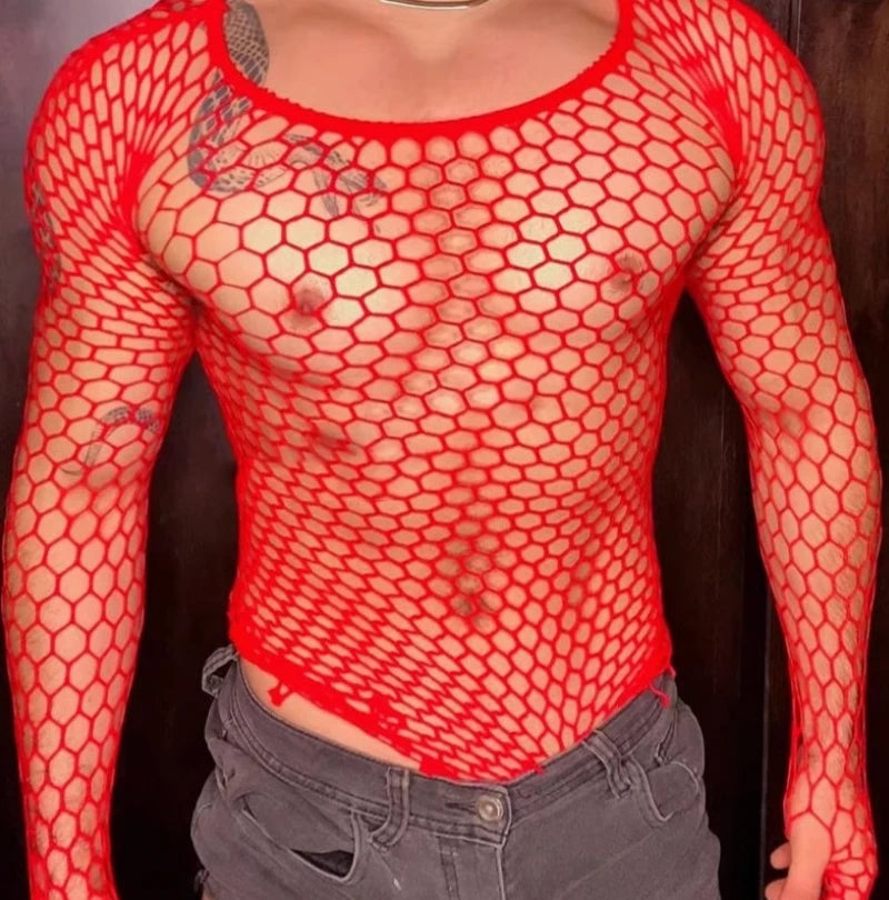 a sexy man in red Men’s Long Sleeve Fishnet T-Shirt - pridevoyageshop.com - gay men’s harness, lingerie and fetish wear