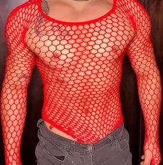 a sexy man in red Men’s Long Sleeve Fishnet T-Shirt - pridevoyageshop.com - gay men’s harness, lingerie and fetish wear