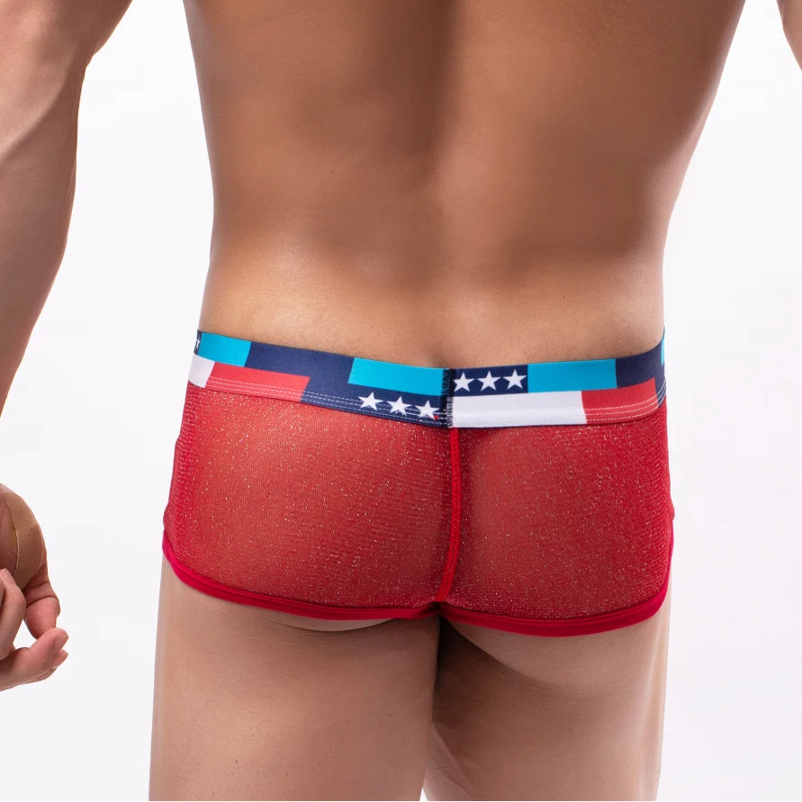a sexy man in red Men's Star-Spangled Sparkle Sheer Boxers - pridevoyageshop.com - gay men’s thongs, boxers, briefs and jockstraps
