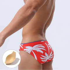 a sexy man in red Men’s Sway My Way Swim Briefs with pad - pridevoyageshop.com - gay men’s sexy swim briefs, trunks, board shorts, and bikinis