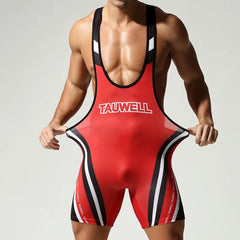 a sexy man in red Men’s Trophy Boy Racing Stripe Singlet – pridevoyageshop.com – gay men’s harness, lingerie and fetish wear