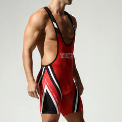 a sexy man in red Men’s Trophy Boy Racing Stripe Singlet – pridevoyageshop.com – gay men’s harness, lingerie and fetish wear