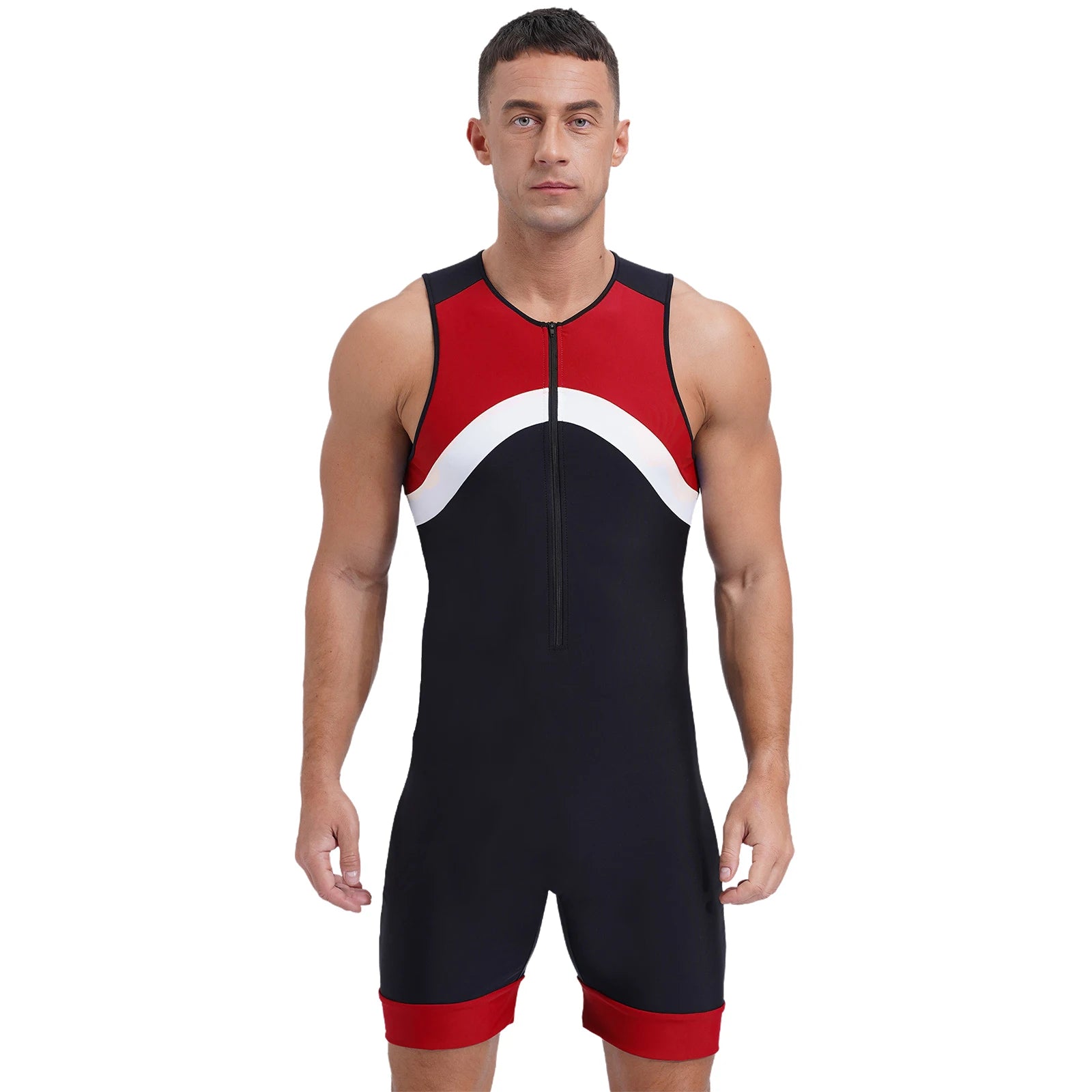 a sexy man in red Men’s Undertow Wave-Zip Bodysuit – pridevoyageshop.com – gay men’s harness, lingerie and fetish wear