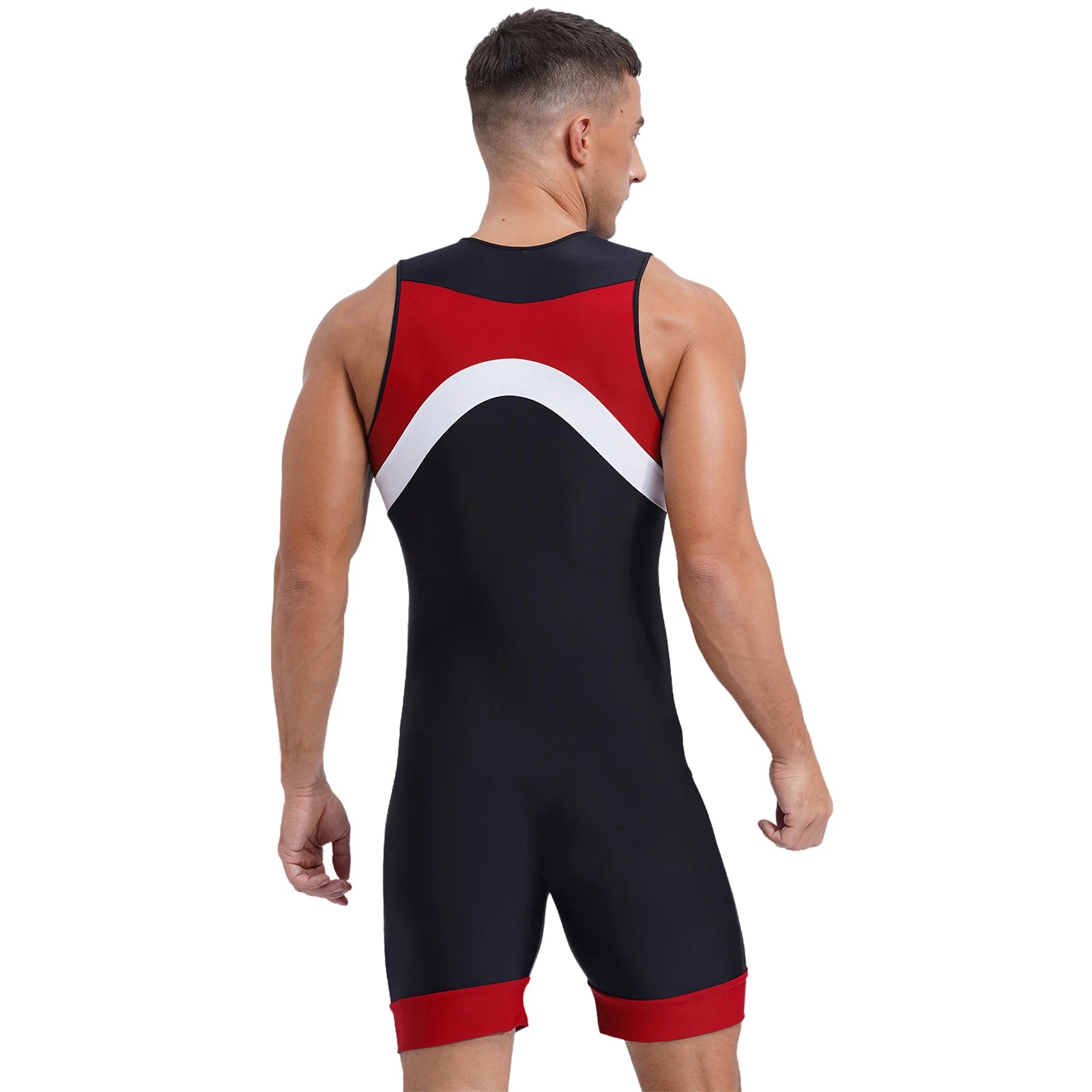 a sexy man in red Men’s Undertow Wave-Zip Bodysuit – pridevoyageshop.com – gay men’s harness, lingerie and fetish wear
