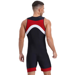 a sexy man in red Men’s Undertow Wave-Zip Bodysuit – pridevoyageshop.com – gay men’s harness, lingerie and fetish wear