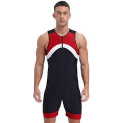 a sexy man in red Men’s Undertow Wave-Zip Bodysuit – pridevoyageshop.com – gay men’s harness, lingerie and fetish wear