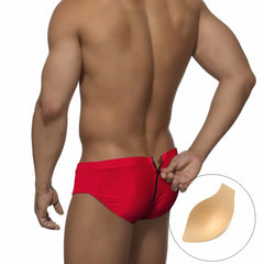 a sexy man in red Men's Unzip Me Daddy Swim Briefs with pad - pridevoyageshop.com - gay men’s sexy swim briefs, trunks, board shorts, and bikinis