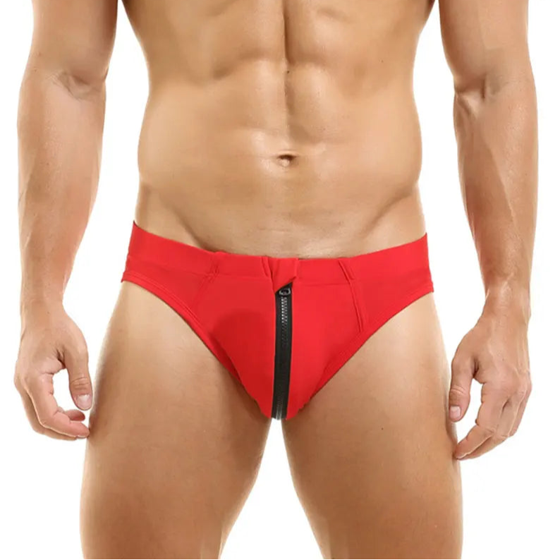 a sexy man in red Men’s Zip Me Up, Boy Swim Briefs - pridevoyageshop.com - gay men’s sexy swim briefs, trunks, board shorts, and bikinis