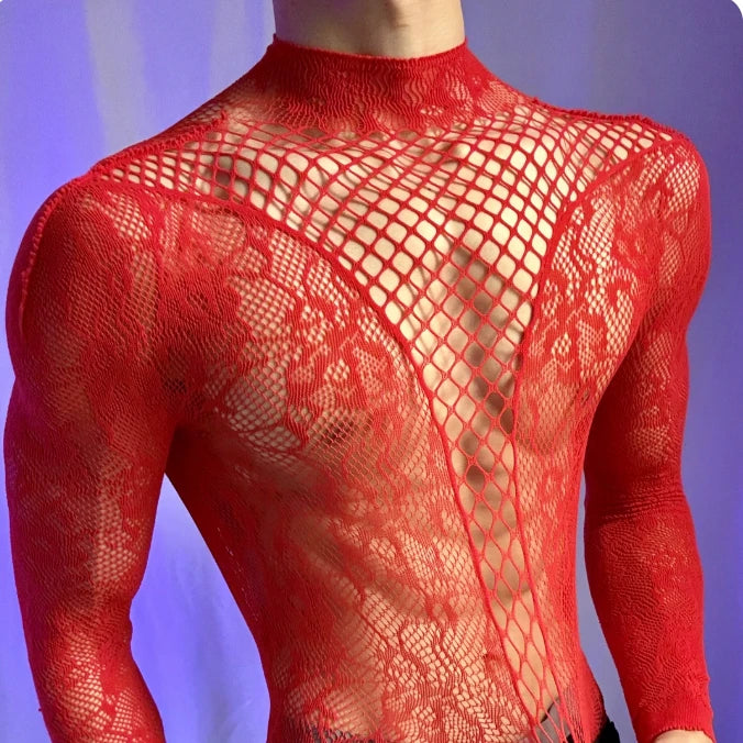 a sexy man in red Moonlit Filigree Lace Mesh Bodysuit - pridevoyageshop.com - gay men’s harness, lingerie and fetish wear