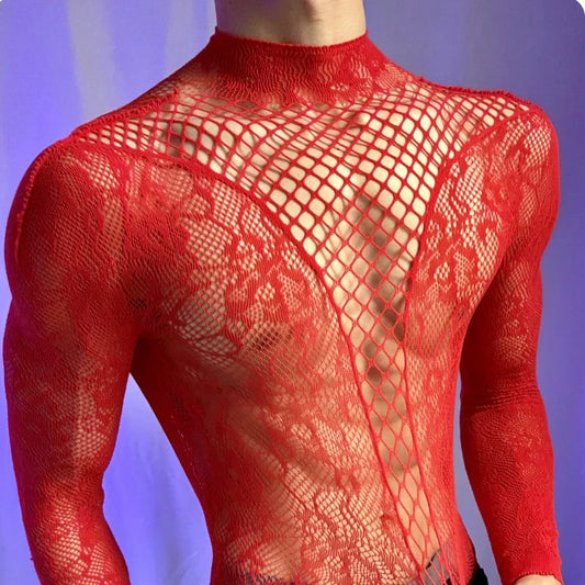 a sexy man in red Moonlit Filigree Lace Mesh Bodysuit - pridevoyageshop.com - gay men’s harness, lingerie and fetish wear