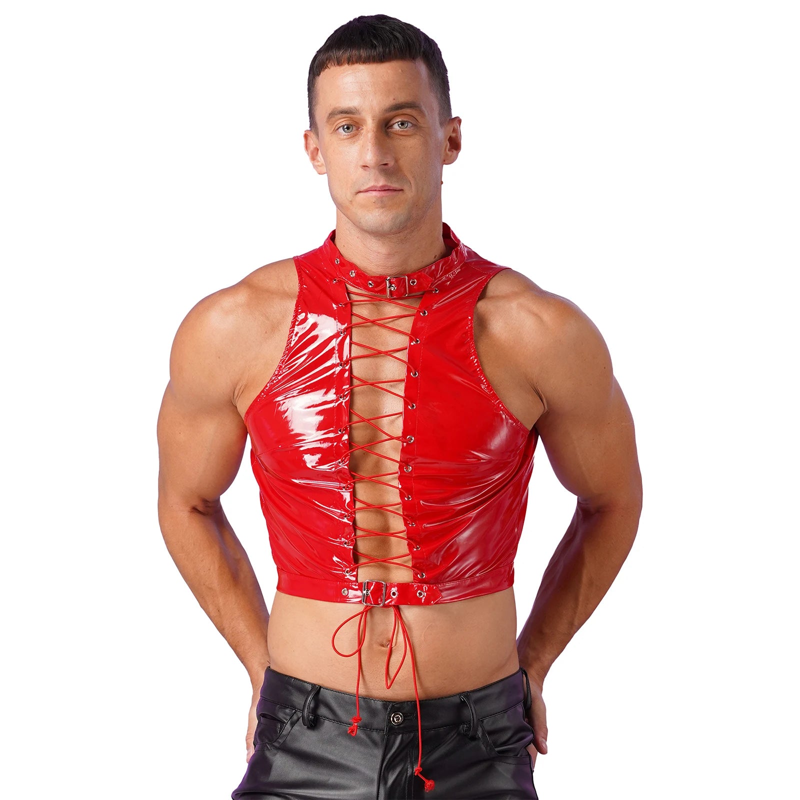 a sexy man in red Pageant Patent PVC Crop – pridevoyageshopcom – gay mens clubwear mesh tanks crop tops fashion tops partywear activewear