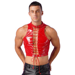 a sexy man in red Pageant Patent PVC Crop – pridevoyageshopcom – gay mens clubwear mesh tanks crop tops fashion tops partywear activewear