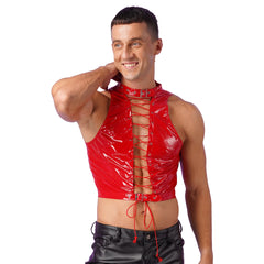 a sexy man in red Pageant Patent PVC Crop – pridevoyageshopcom – gay mens clubwear mesh tanks crop tops fashion tops partywear activewear