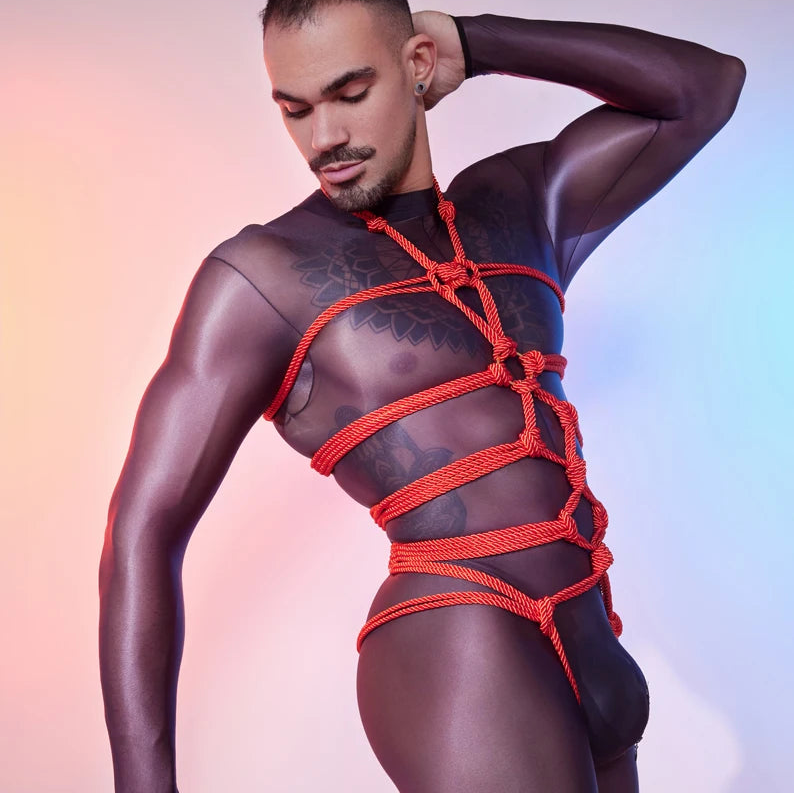 a sexy man in red Red Emperor’s Full Body Rope Harness – pridevoyageshop.com – gay men’s harness, lingerie and fetish wear