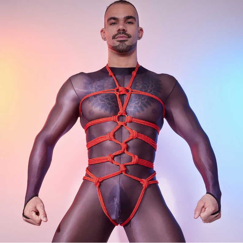 a sexy man in red Red Emperor’s Full Body Rope Harness – pridevoyageshop.com – gay men’s harness, lingerie and fetish wear