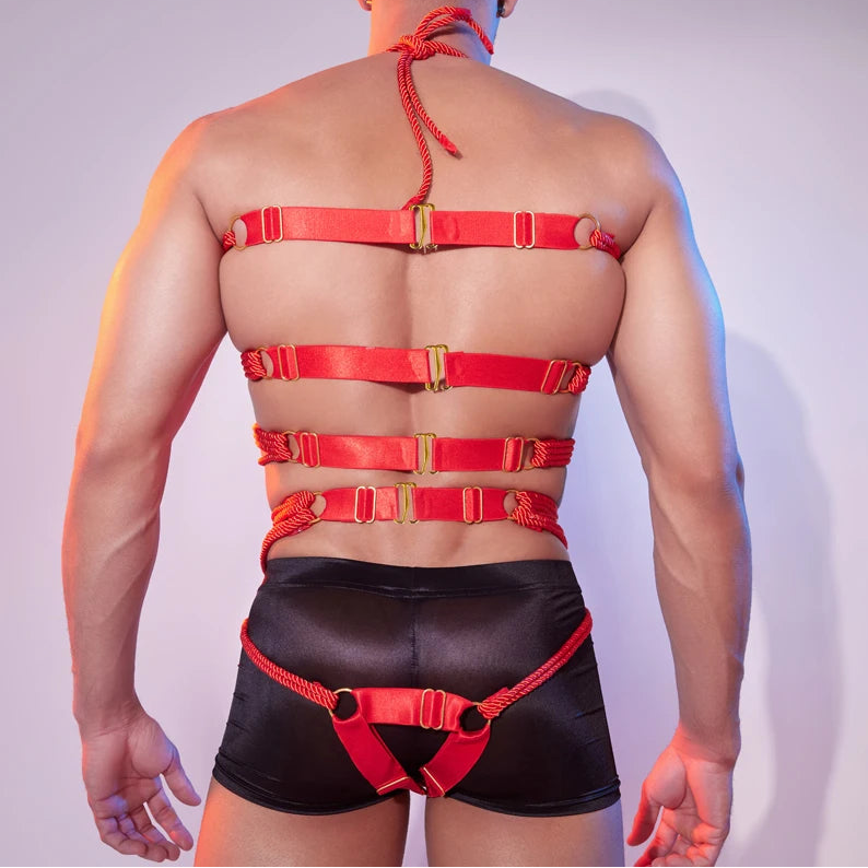 a sexy man in red Red Emperor’s Full Body Rope Harness – pridevoyageshop.com – gay men’s harness, lingerie and fetish wear