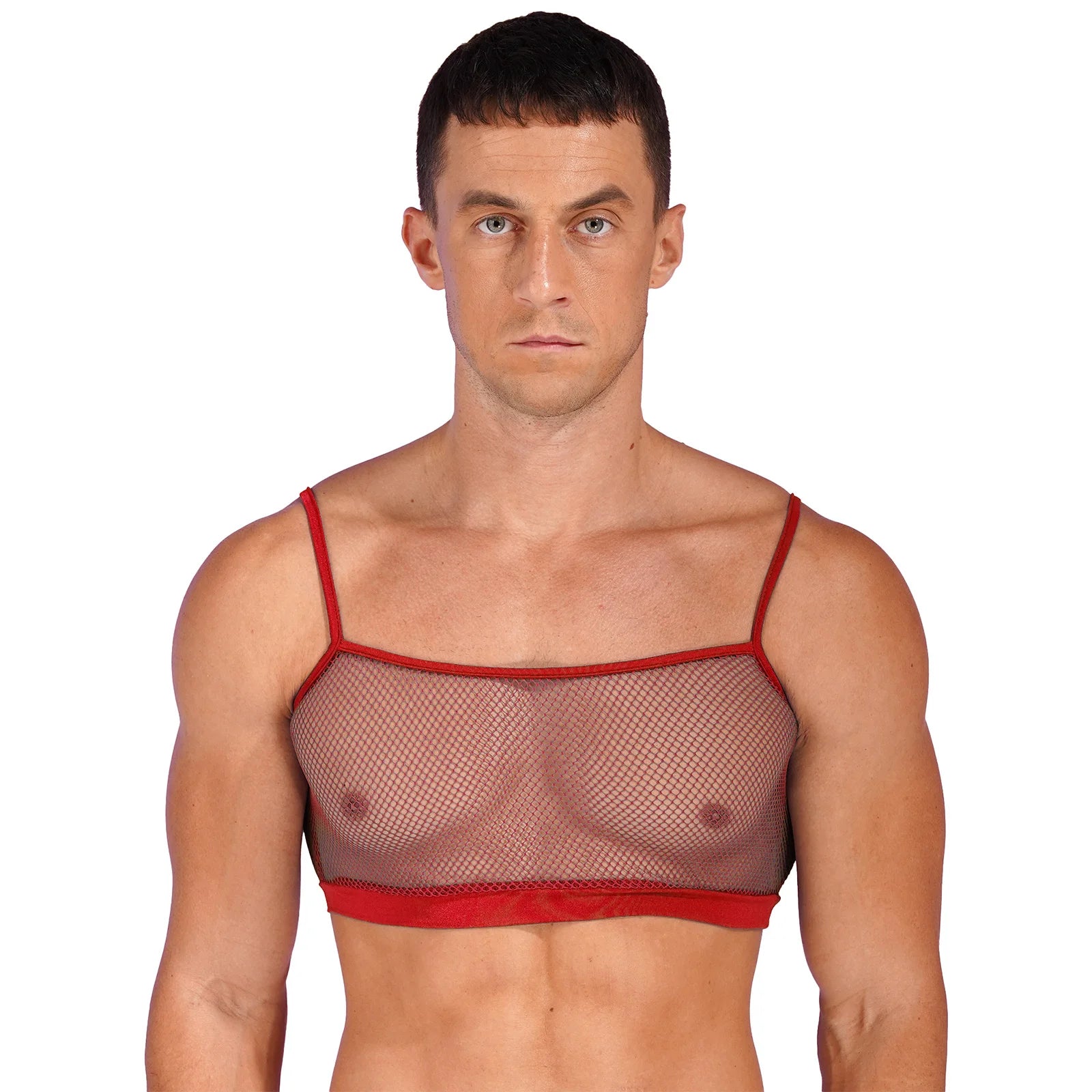 a sexy man in red Signal Boost Fishnet Cami - pridevoyageshop.com - gay men’s harness, lingerie and fetish wear