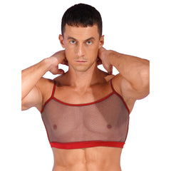 a sexy man in red Signal Boost Fishnet Cami - pridevoyageshop.com - gay men’s harness, lingerie and fetish wear