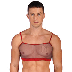 a sexy man in red Signal Boost Fishnet Cami - pridevoyageshop.com - gay men’s harness, lingerie and fetish wear