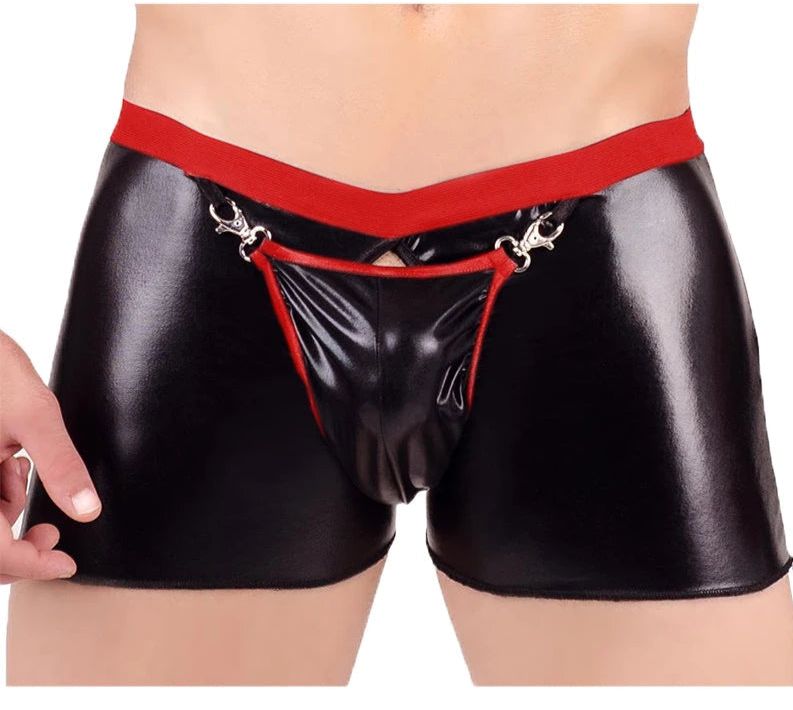 a sexy man in red Zipped Backdoor and Hooked Front PU Leather Wetlook Fetish Boxers - pridevoyageshop.com - gay men’s thongs, boxers, briefs and jockstraps