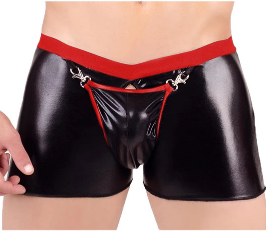a sexy man in red Zipped Backdoor and Hooked Front PU Leather Wetlook Fetish Boxers - pridevoyageshop.com - gay men’s thongs, boxers, briefs and jockstraps