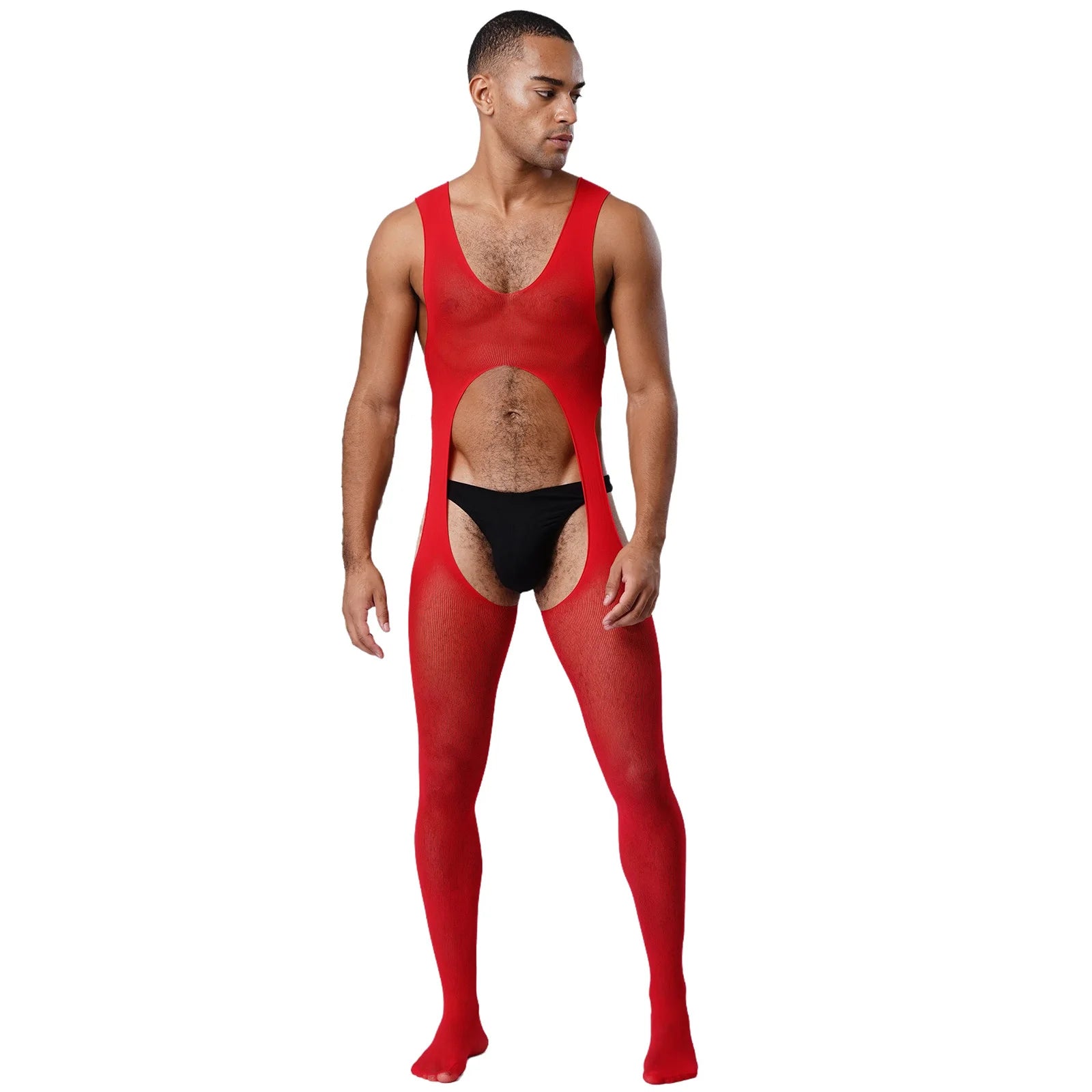a sexy man in red cutout sheer bodystocking, exposed chest panels and mesh fabric, daring seductive vibe – pridevoyageshop.com – gay men’s harness, lingerie and fetish wear