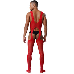 a sexy man in red cutout sheer bodystocking, exposed chest panels and mesh fabric, daring seductive vibe – pridevoyageshop.com – gay men’s harness, lingerie and fetish wear