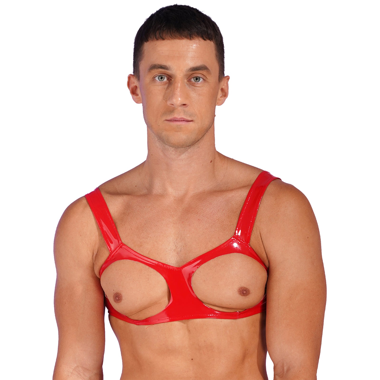 a sexy man in red glossy vinyl harness with bold chest strapping and metal buckle hardware – pridevoyageshop.com – gay men’s harness, lingerie and fetish wear