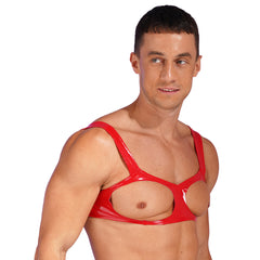 a sexy man in red glossy vinyl harness with bold chest strapping and metal buckle hardware – pridevoyageshop.com – gay men’s harness, lingerie and fetish wear