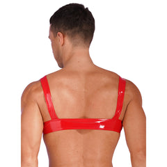 a sexy man in red glossy vinyl harness with bold chest strapping and metal buckle hardware – pridevoyageshop.com – gay men’s harness, lingerie and fetish wear