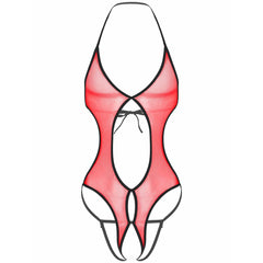 a sexy man in red sheer lace-up bodysuit, lace bust and mesh bodice, bold femme seduction – pridevoyageshop.com – gay men’s harness, lingerie and fetish wear