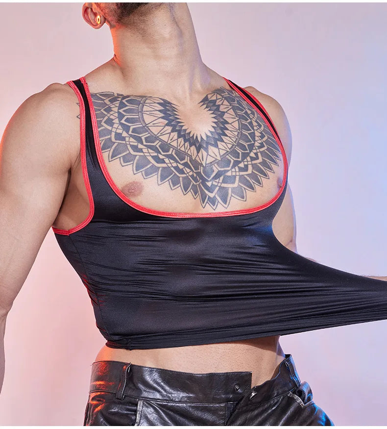 a sexy man in red trim Men’s Serving Décolleté Tank - pridevoyageshop.com - gay men’s harness, lingerie and fetish wear