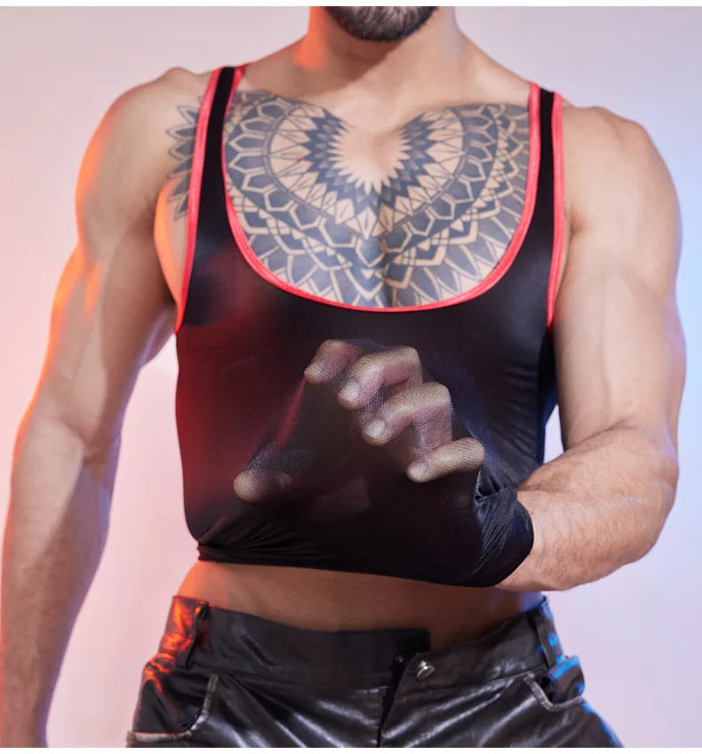 a sexy man in red trim Men’s Serving Décolleté Tank - pridevoyageshop.com - gay men’s harness, lingerie and fetish wear