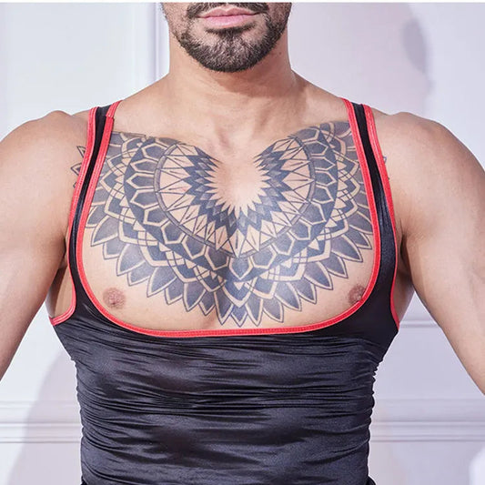 a sexy man in red trim Men’s Serving Décolleté Tank - pridevoyageshop.com - gay men’s harness, lingerie and fetish wear