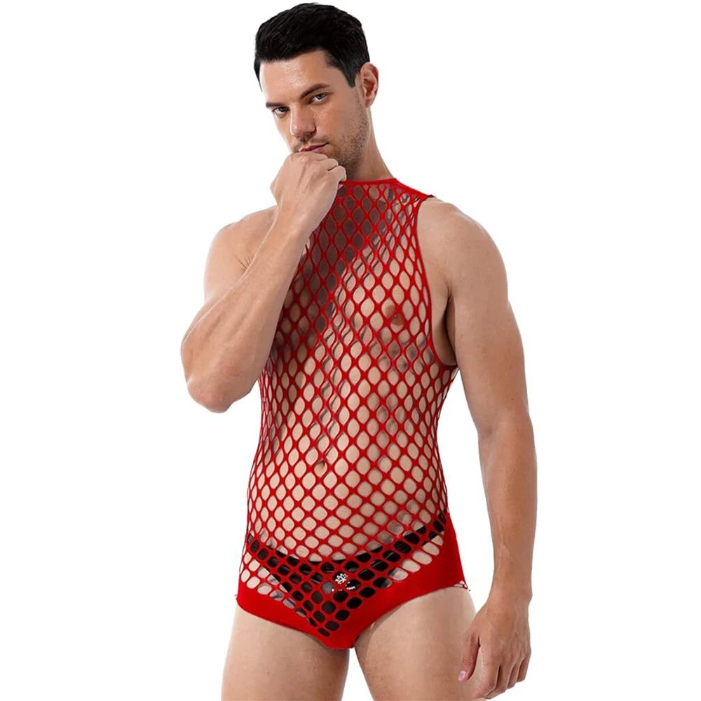 a sexy man in red wide-net tank bodysuit, seductive mesh net showing full torso, confident erotic statement – pridevoyageshop.com – gay men’s harness, lingerie and fetish wear
