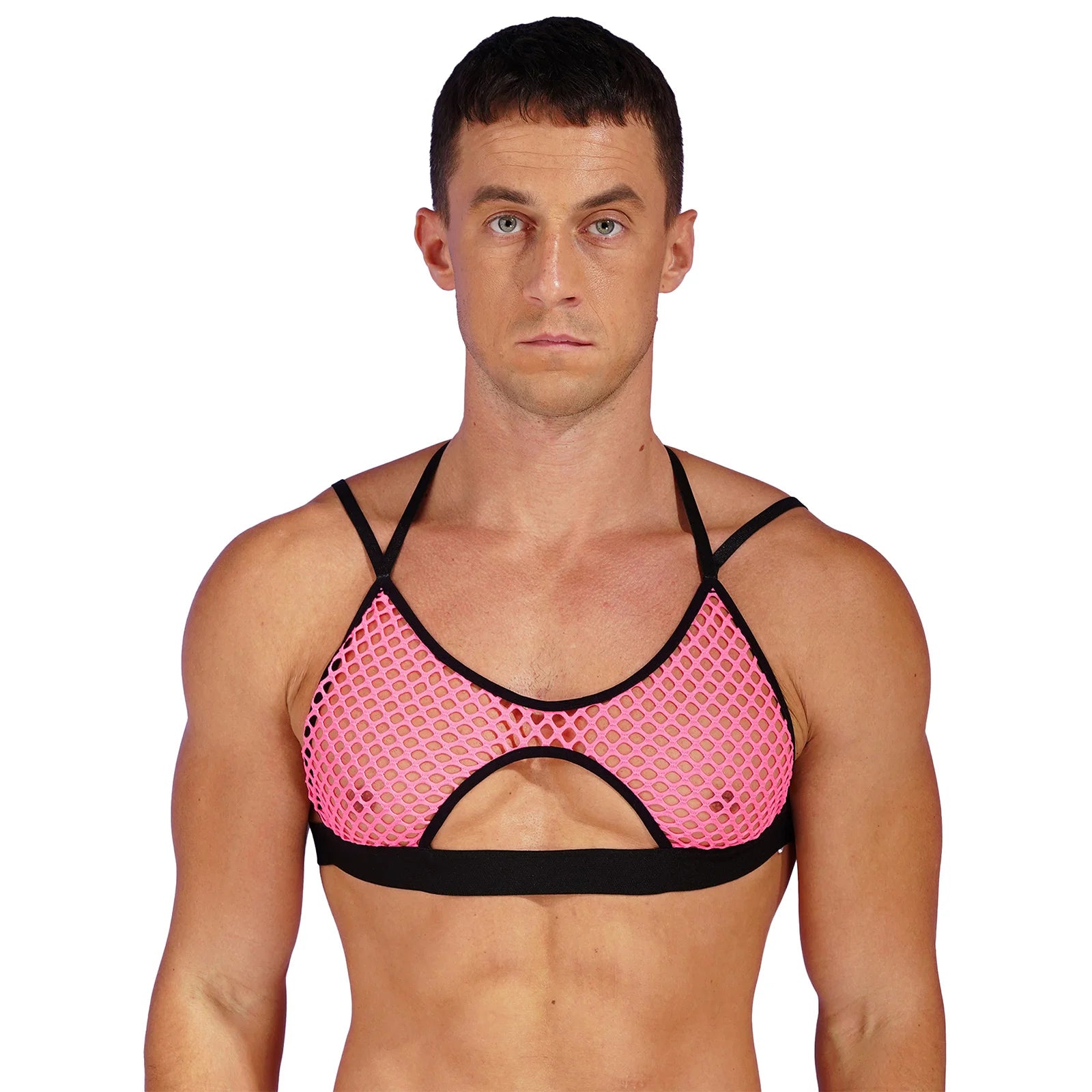 a sexy man in rose Night Signal Macro-Net Mesh Crop Top - pridevoyageshop.com - gay men’s harness, lingerie and fetish wear