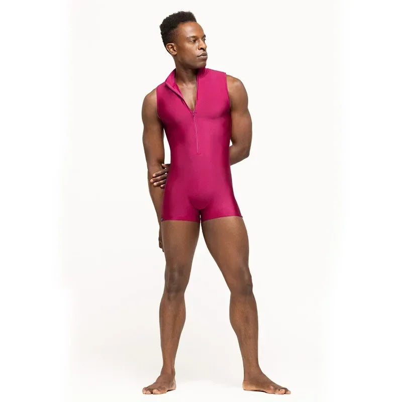 a sexy man in rose red Aerobicide Zip-Access Bodysuit – pridevoyageshop.com – gay men’s harness, lingerie and fetish wear