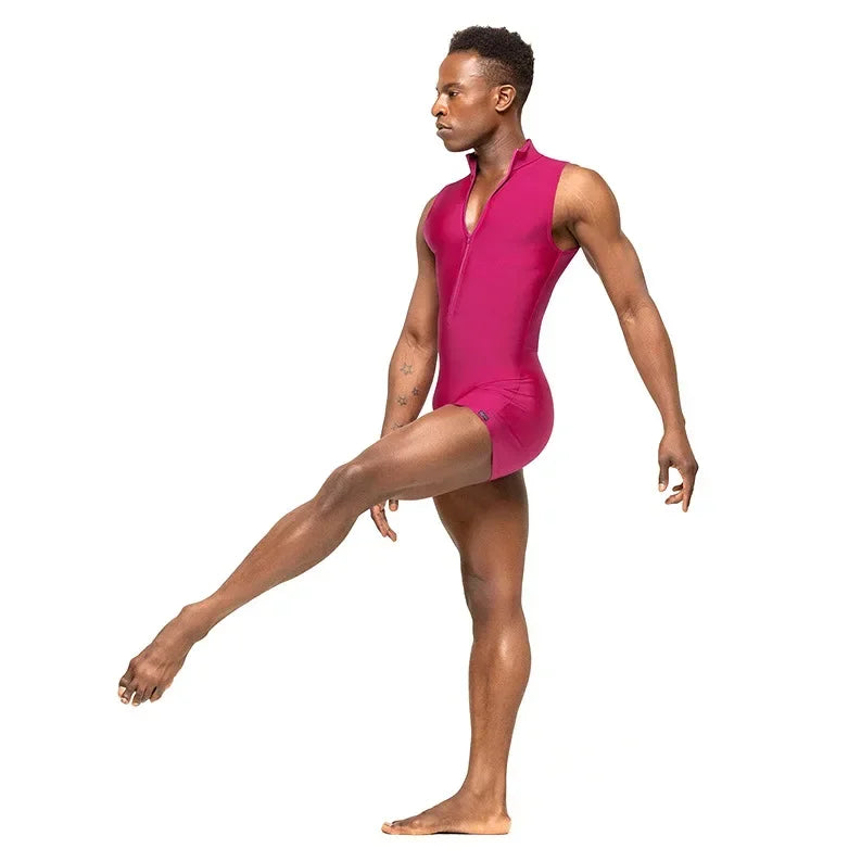 a sexy man in rose red Aerobicide Zip-Access Bodysuit – pridevoyageshop.com – gay men’s harness, lingerie and fetish wear