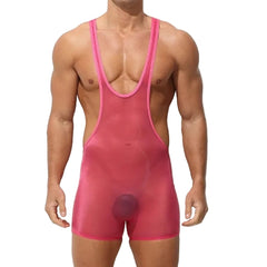a sexy man in rose red Fever Dream Deep-Scoop Sheer Singlet, bold transparent fabric, dramatic low scoop, flirty seductive look – pridevoyageshop.com – gay men’s harness, lingerie and fetish wear