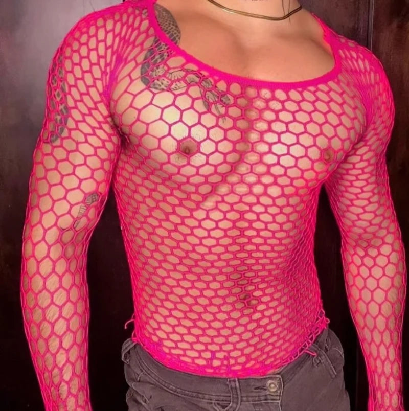 a sexy man in rose red Men’s Long Sleeve Fishnet T-Shirt - pridevoyageshop.com - gay men’s harness, lingerie and fetish wear
