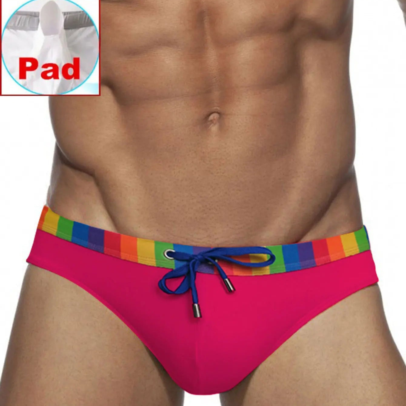 a sexy man in rose red Men’s Pride Patrol Rainbow Band Swim Briefs with pad - pridevoyageshop.com - gay men’s sexy swim briefs, trunks, board shorts, and bikinis