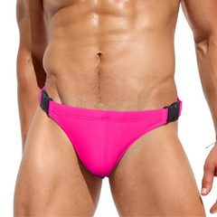 a sexy man in rose red Men’s Unclip Me Double Buckle Swim Briefs - pridevoyageshop.com - gay men’s sexy swim briefs, trunks, board shorts, and bikinis