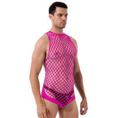 a sexy man in rose red wide-net tank bodysuit, deep mesh net exposing chest and waist, flirty and provocative – pridevoyageshop.com – gay men’s harness, lingerie and fetish wear
