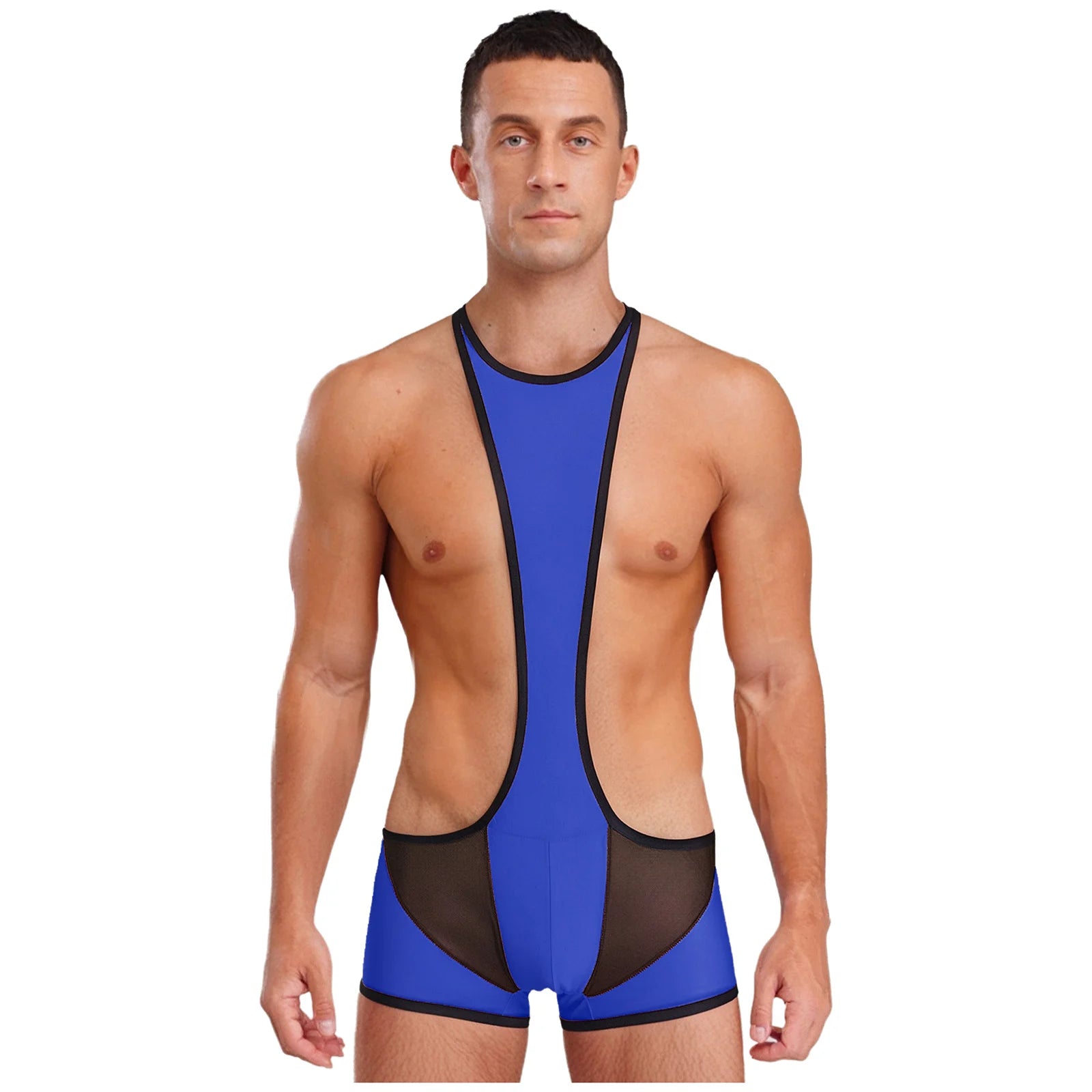 a sexy man in royal blue Men’s Glimpse Cutout Mesh Singlet – pridevoyageshop.com – gay men’s harness, lingerie and fetish wear